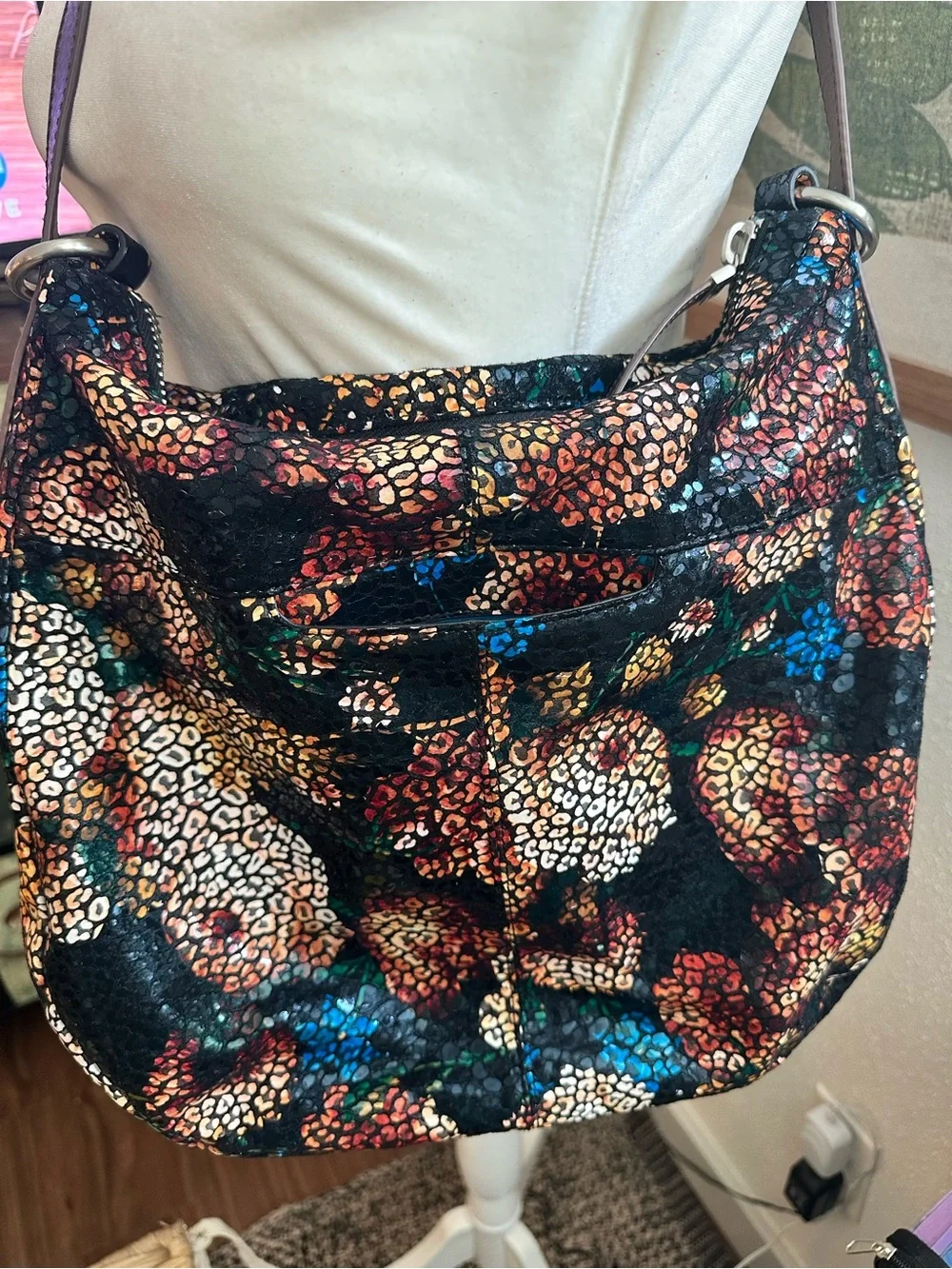 HOBO Multicolor Floral Metallic Leather Hobo Bag with Brown Strap
